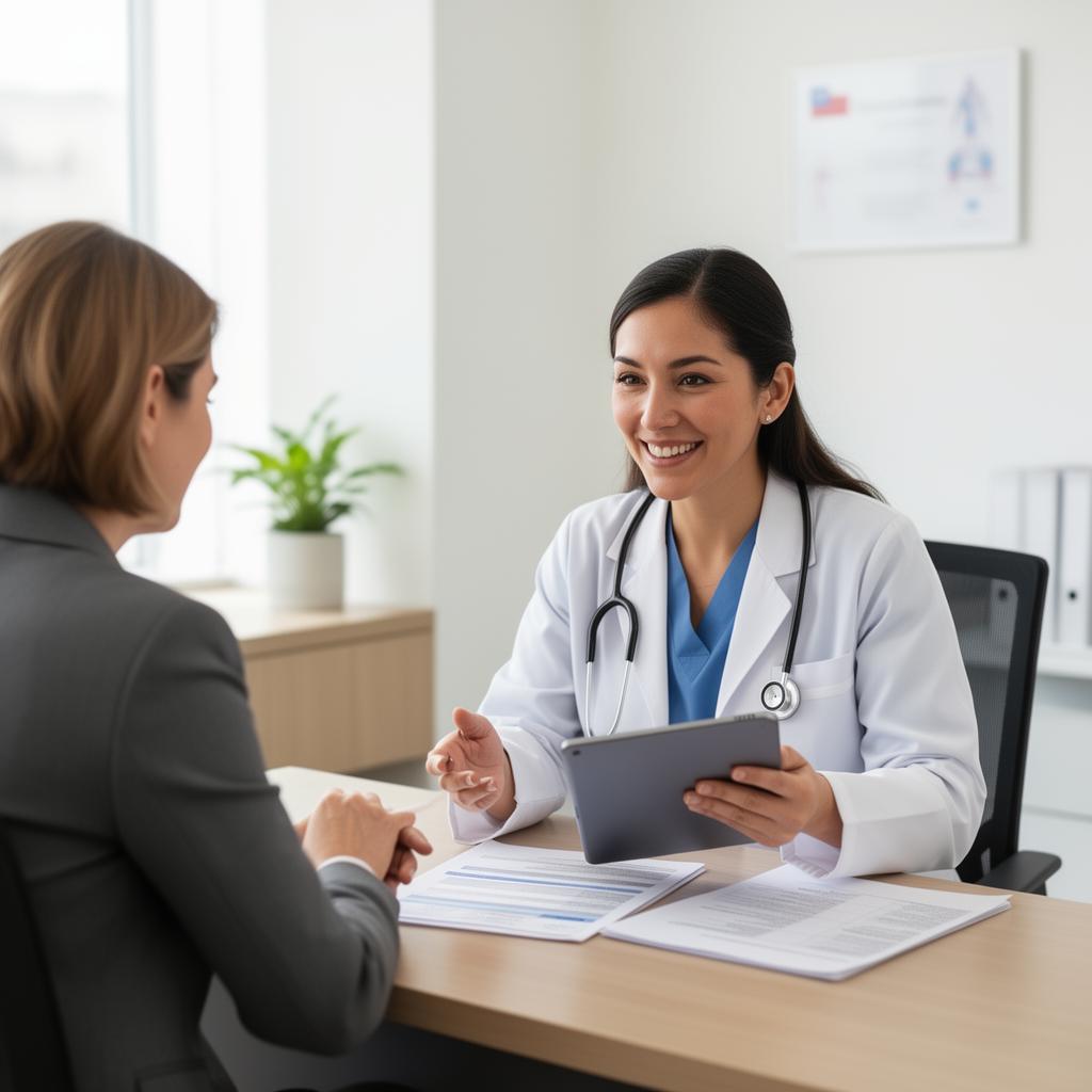 Asesora de salud explicando opciones de plan a un cliente